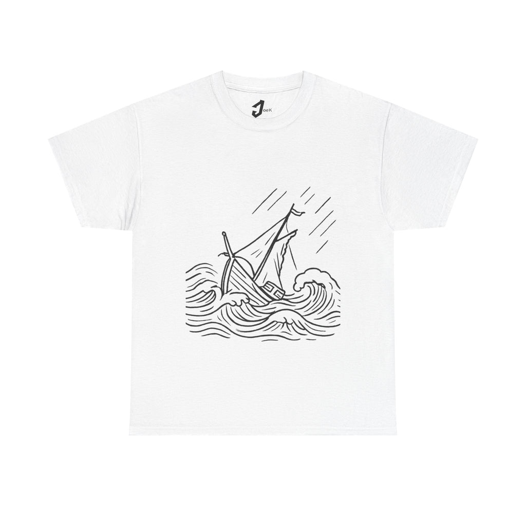Nautical Unisex Tee with Ship in Rough Sea Design