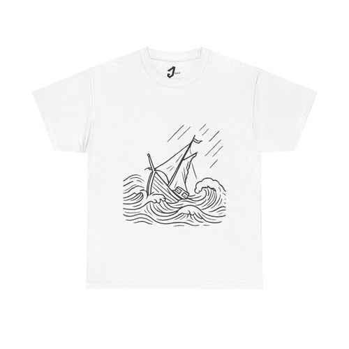 Nautical Unisex Tee with Ship in Rough Sea Design