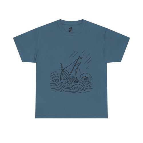 Nautical Unisex Tee with Ship in Rough Sea Design